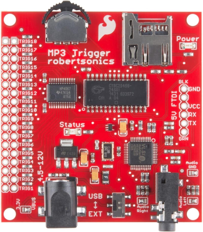Spark Fun MP3 Trigger - 18 Trigger inputs to Alternate Functions Random & sequential Track Selection Transport Controls Even Volume up/Down Real-Time Volume Control Full-Duplex Serial Control - Image 4